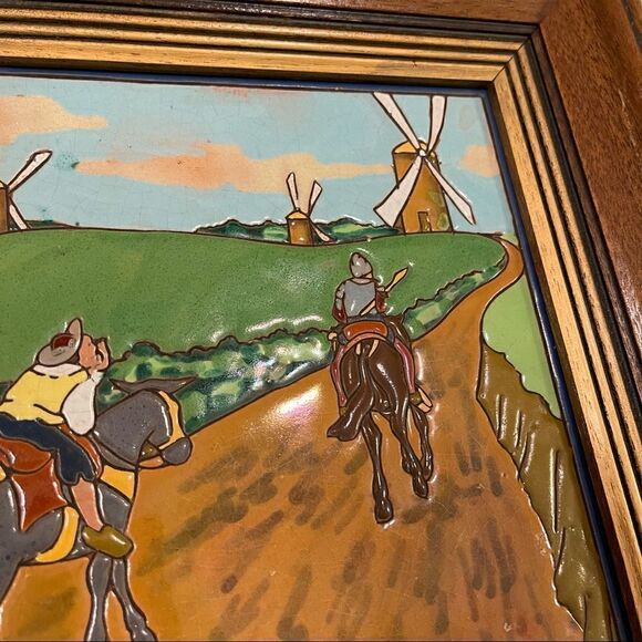 Antique Framed Don Quixote Sancho 8” Enameled Clay 8” Square Tiles Custom Framed - Picture 4 of 16